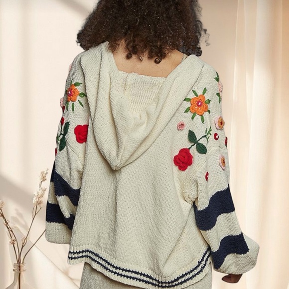 POL The Gardenstripe 3D Embroidered Flowers Hoodie | Cream + Navy Stripes - Picture 3 of 7